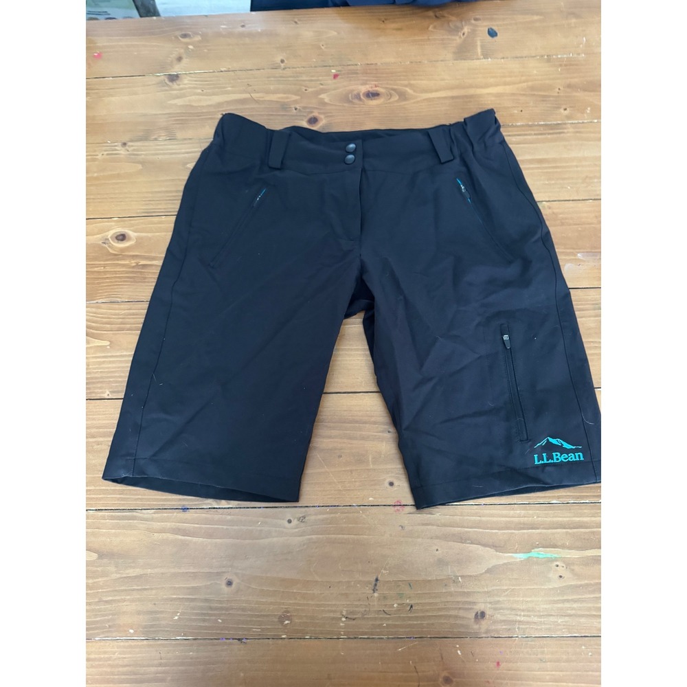 LL Bean Mountain Bike Shorts Mens Small Black Teal Logo Padded Grip Back MTB
